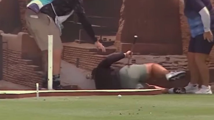 Ladies European Tour player falls over advert board in hilarious footage